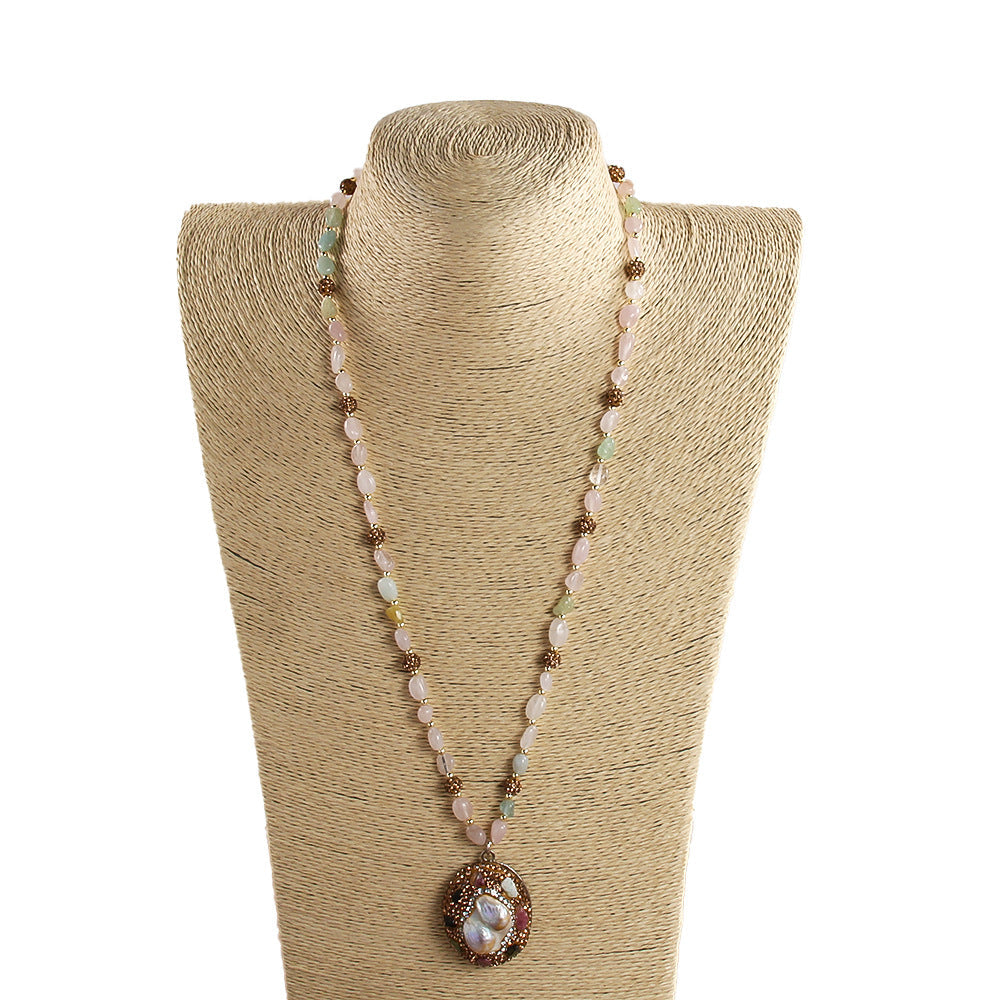 Vintage Style Vacation Geometric natural stone Beaded Chain Pendant Necklace In Bulk