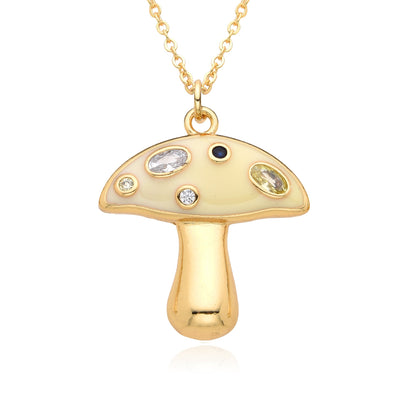 Copper Inlay Mushroom Zircon Pendant Necklace