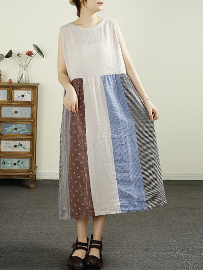 Plus Size Women Summer Plaid Spliced 100%Linen Vest Dress
