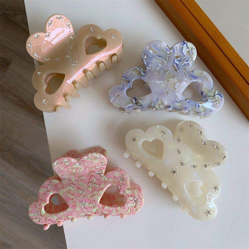 Women's Sweet Heart Shape Acetic acid sheets Hollow Out Inlay Rhinestones Hair Claws