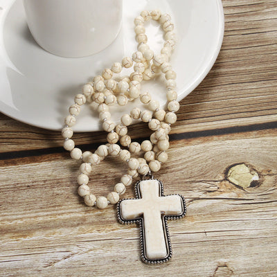 Bohemian Cross natural stone Beaded Chain Pendant Necklace In Bulk
