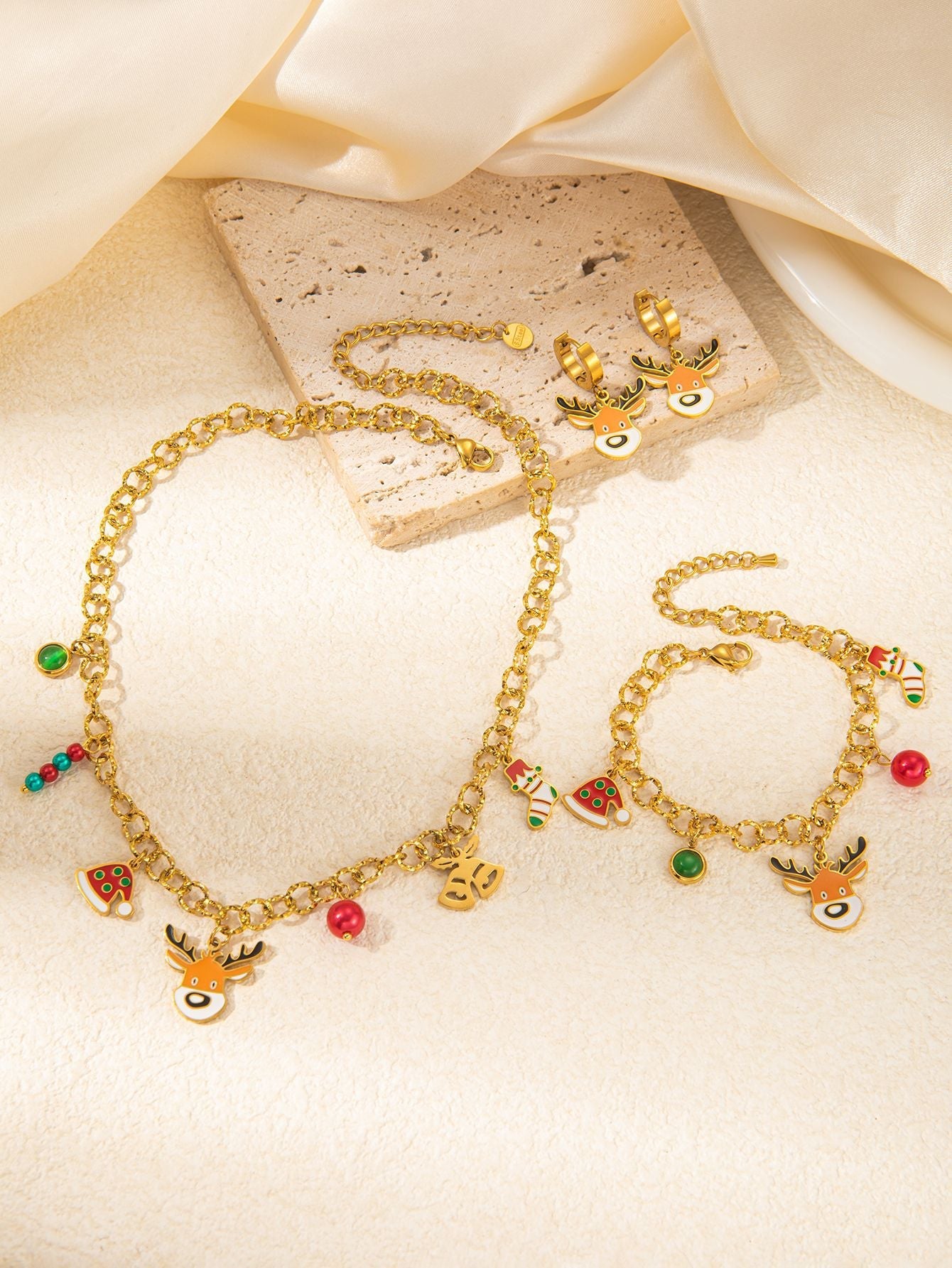 Jewelry Cute IG Style Christmas Hat Christmas Socks Elk Titanium Steel Gem Plating Inlay Bracelets Earrings Necklace