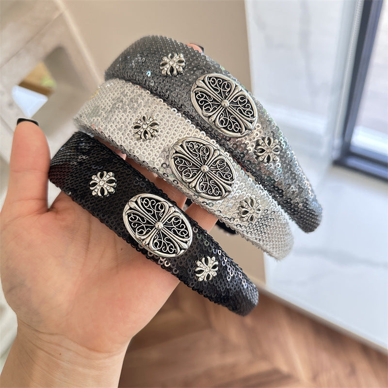 High-Grade French Headband  Internet Celebrity  Fengshui Diamond Letter H Hairpin Special-Interest Design Sequ Headband Hair Accessories