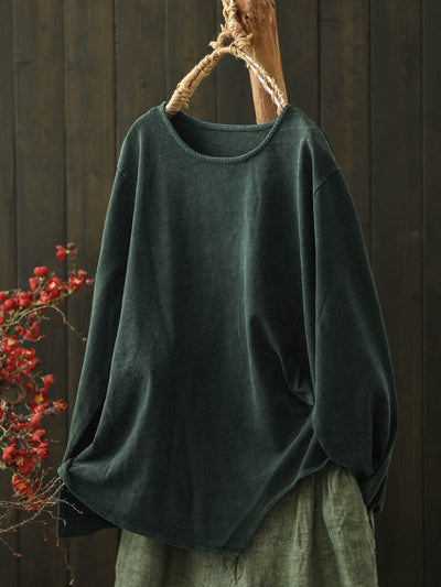 Women Autumn Retro Pure Color Cotton Blouse