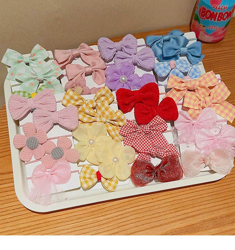 cute plaid flower bow knot cloth inlaid pearls hair tie 1 set