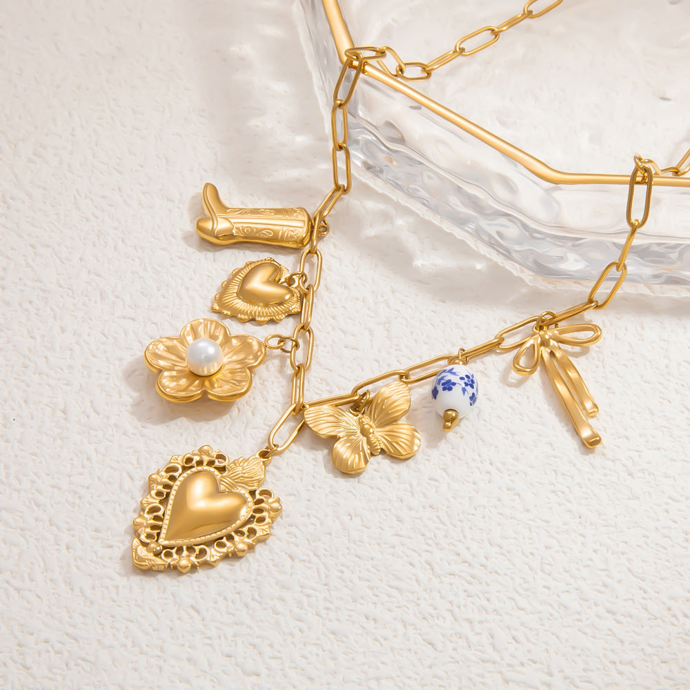 Jewelry Elegant Classic Style Heart Shape Flower 304 Stainless Steel Plating Multi Charms Necklace