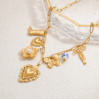 Jewelry Elegant Classic Style Heart Shape Flower 304 Stainless Steel Plating Multi Charms Necklace