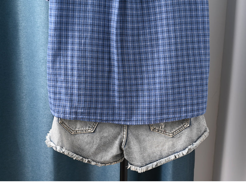 Women Summer Plaid Stand Collar 100%Cotton Shirt