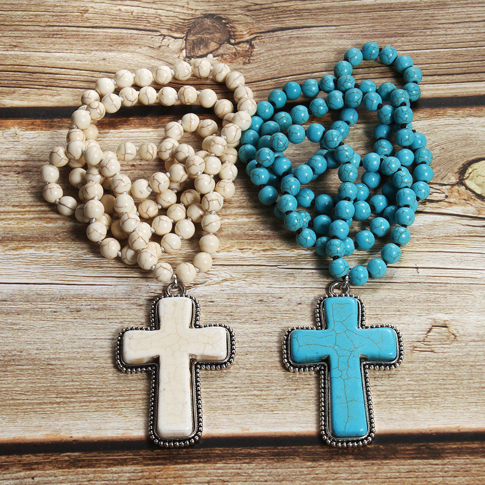 Bohemian Cross natural stone Beaded Chain Pendant Necklace In Bulk