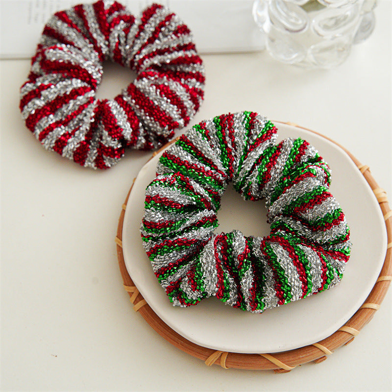 Christmas Elegant Cute Sweet Women's Color Block Stripe Bright Silk Handmade Hair Tie