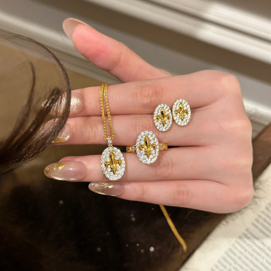 French retro premium iris pendant necklace light luxury ins flower stud earrings temperament diamond-set open ring