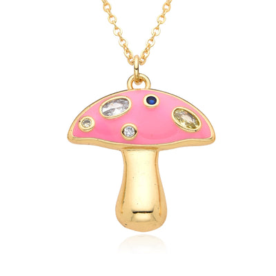 Copper Inlay Mushroom Zircon Pendant Necklace