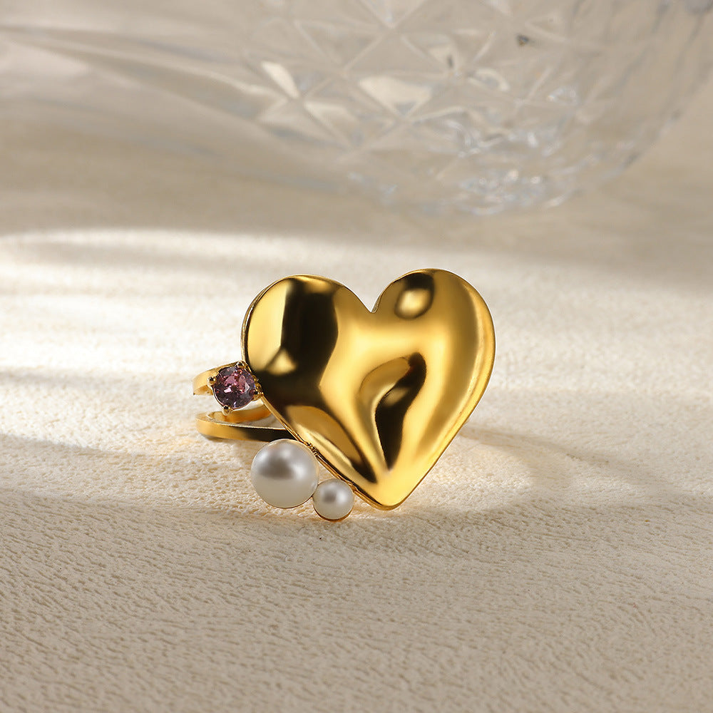 Jewelry IG Style Exaggerated Heart Shape Eye Solid Color 304 Stainless Steel Pearl Zircon Inlay Open Rings