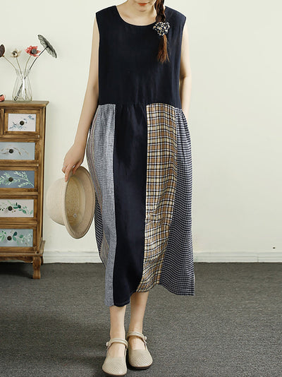 Plus Size Women Summer Plaid Spliced 100%Linen Vest Dress
