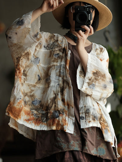 Women Summer Vintage Print O-Neck Thin Ramie Shirt