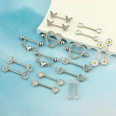 1 Pair Nipple Rings & Studs Hip-Hop Shiny Heart Shape Flower Butterfly 316L Stainless Steel  Copper Inlay Zircon Nipple Rings & Studs