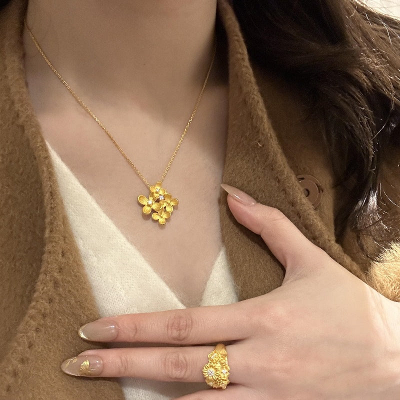 Light luxury retro brushed osmanthus diamond stud earrings bracelet necklace new Chinese style high-end exquisite jewelry set