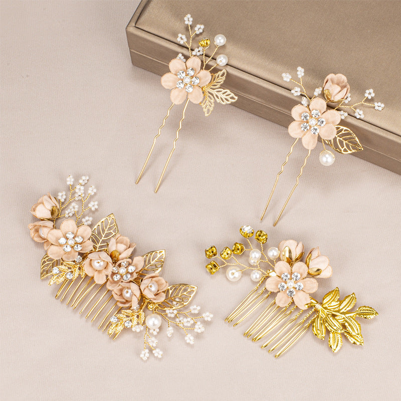 Women's IG Style Sweet Flower Cloth Metal Handmade Pearl Inlay Rhinestones Insert comb