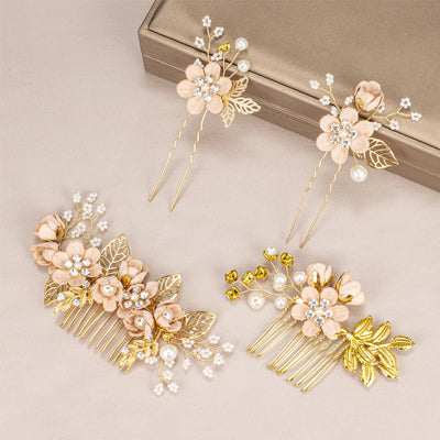Women's IG Style Sweet Flower Cloth Metal Handmade Pearl Inlay Rhinestones Insert comb