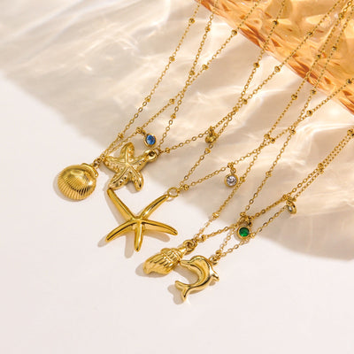 Jewelry Marine Style Starfish Conch Dolphin Titanium Steel Inlaid Gemstone Pendant Necklace