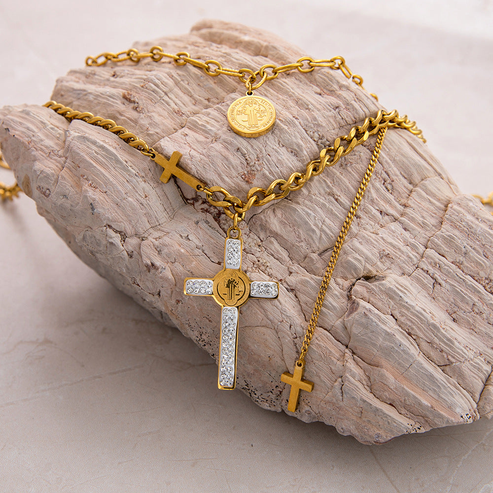 Jewelry Vintage Style Cross 304 Stainless Steel Plating Double Layer Necklaces