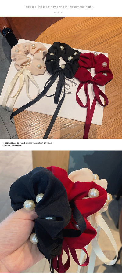new ins korean style internet influencer pearl ribbon headband bowknot hair ring korean style super fairy adult ribbon hair rope for women