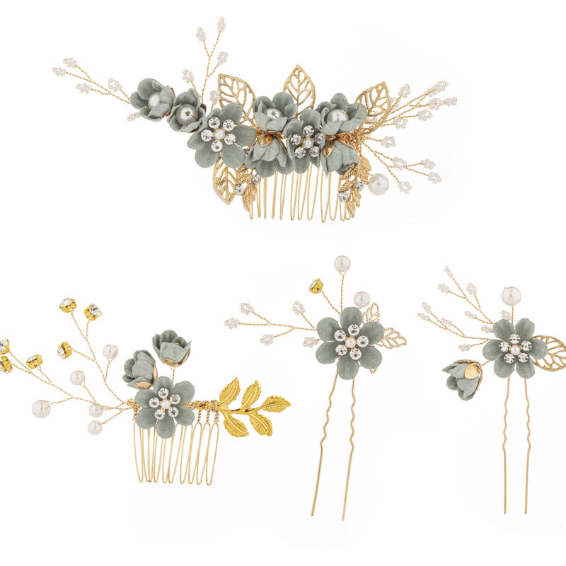 Women's IG Style Sweet Flower Cloth Metal Handmade Pearl Inlay Rhinestones Insert comb