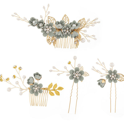 Women's IG Style Sweet Flower Cloth Metal Handmade Pearl Inlay Rhinestones Insert comb
