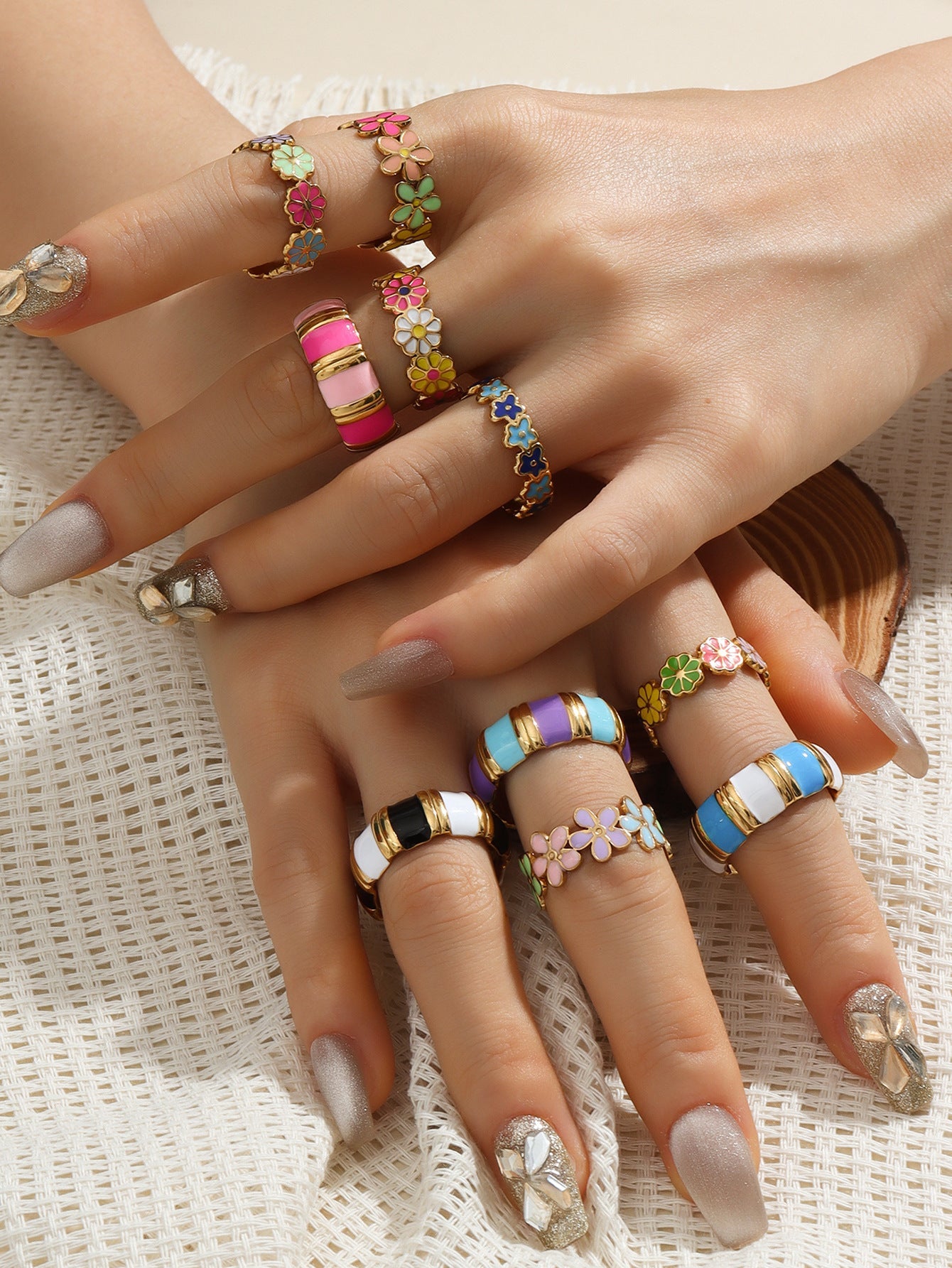 Jewelry Retro Sweet Stripe Flower 304 Stainless Steel Enamel Open Rings