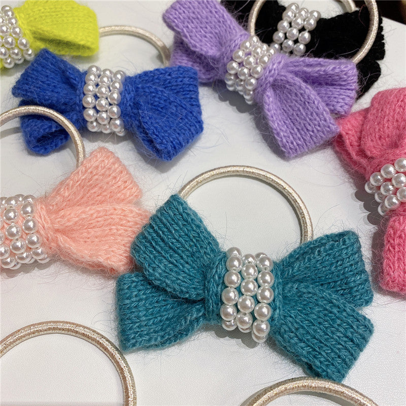 autumn and winter new bow wool simple headband female online influencer ins rubber band female hair tie pearl tie waist hair ring
