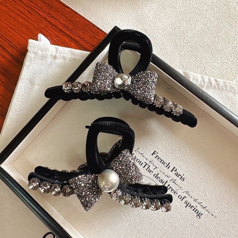 High-Grade Full Diamond Bow Hair Accessories Barrettes Women's Back Head Grip  Former Red Style Flocking Large Size Shark Clip