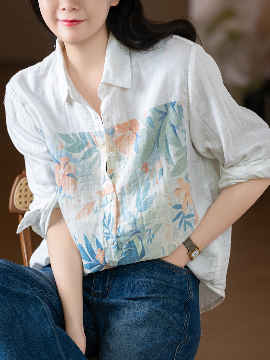 Women Autumn Artsy Flower 100%Cotton Turn-down Collar Shirt