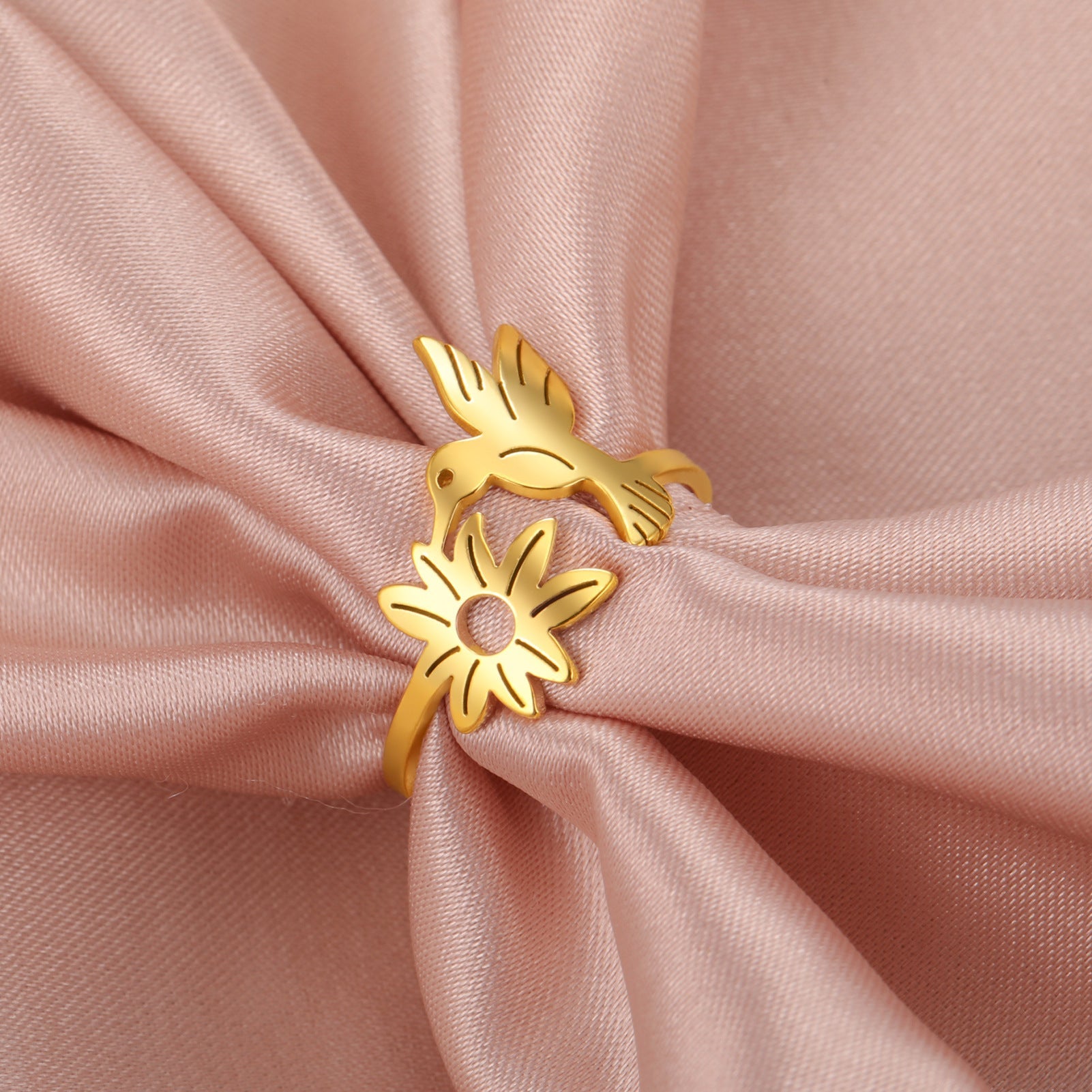 Jewelry Cute Flower Bird 304 Stainless Steel 18K Gold Plated Hollow Out Rings