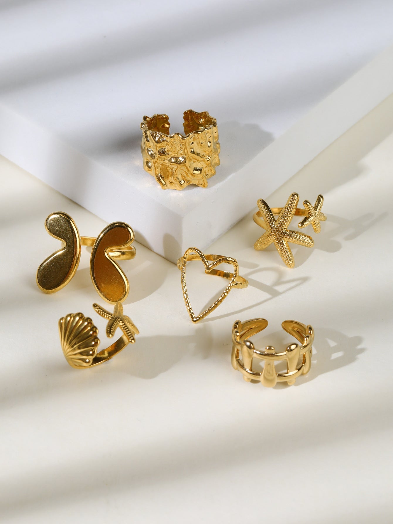 Jewelry Retro Starfish Heart Shape 304 Stainless Steel Plating Open Rings