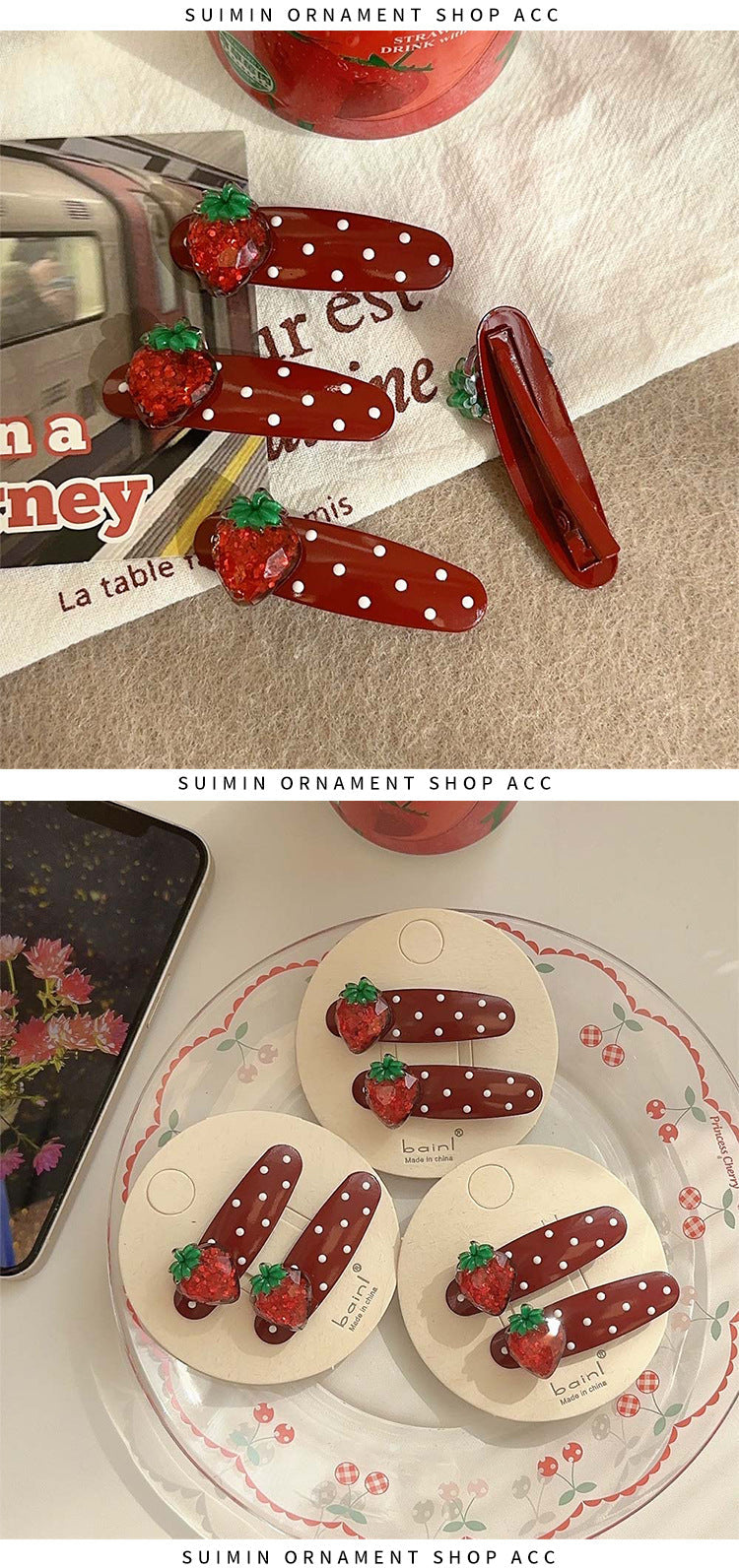 Sweet Women's Polka Dots Strawberry Alloy Inlay Rhinestones Hair Clip