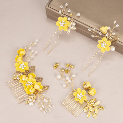 Women's IG Style Sweet Flower Cloth Metal Handmade Pearl Inlay Rhinestones Insert comb