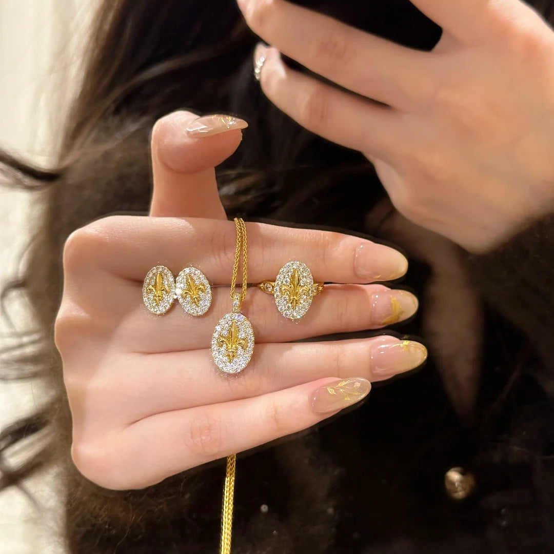 French retro premium iris pendant necklace light luxury ins flower stud earrings temperament diamond-set open ring