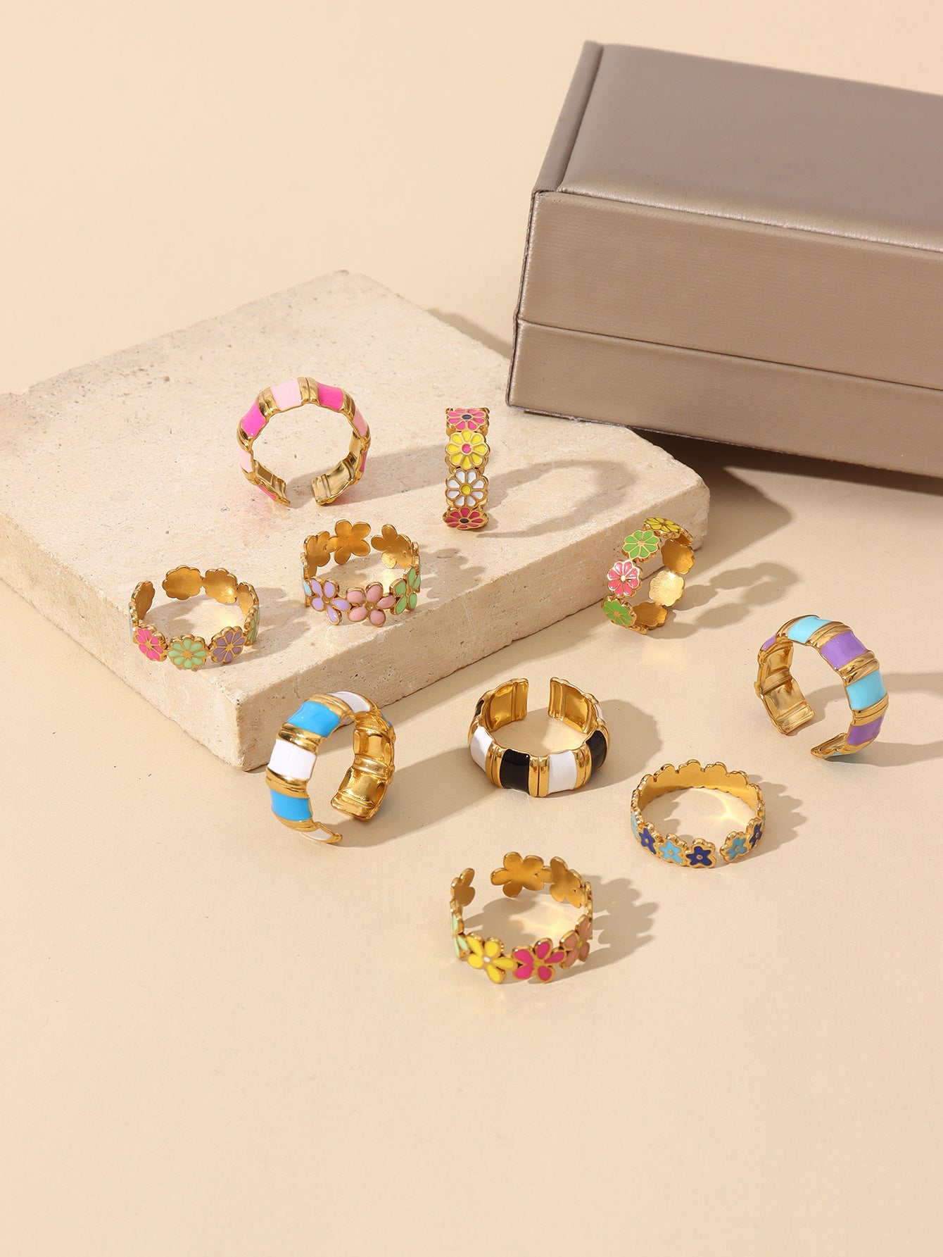 Jewelry Retro Sweet Stripe Flower 304 Stainless Steel Enamel Open Rings