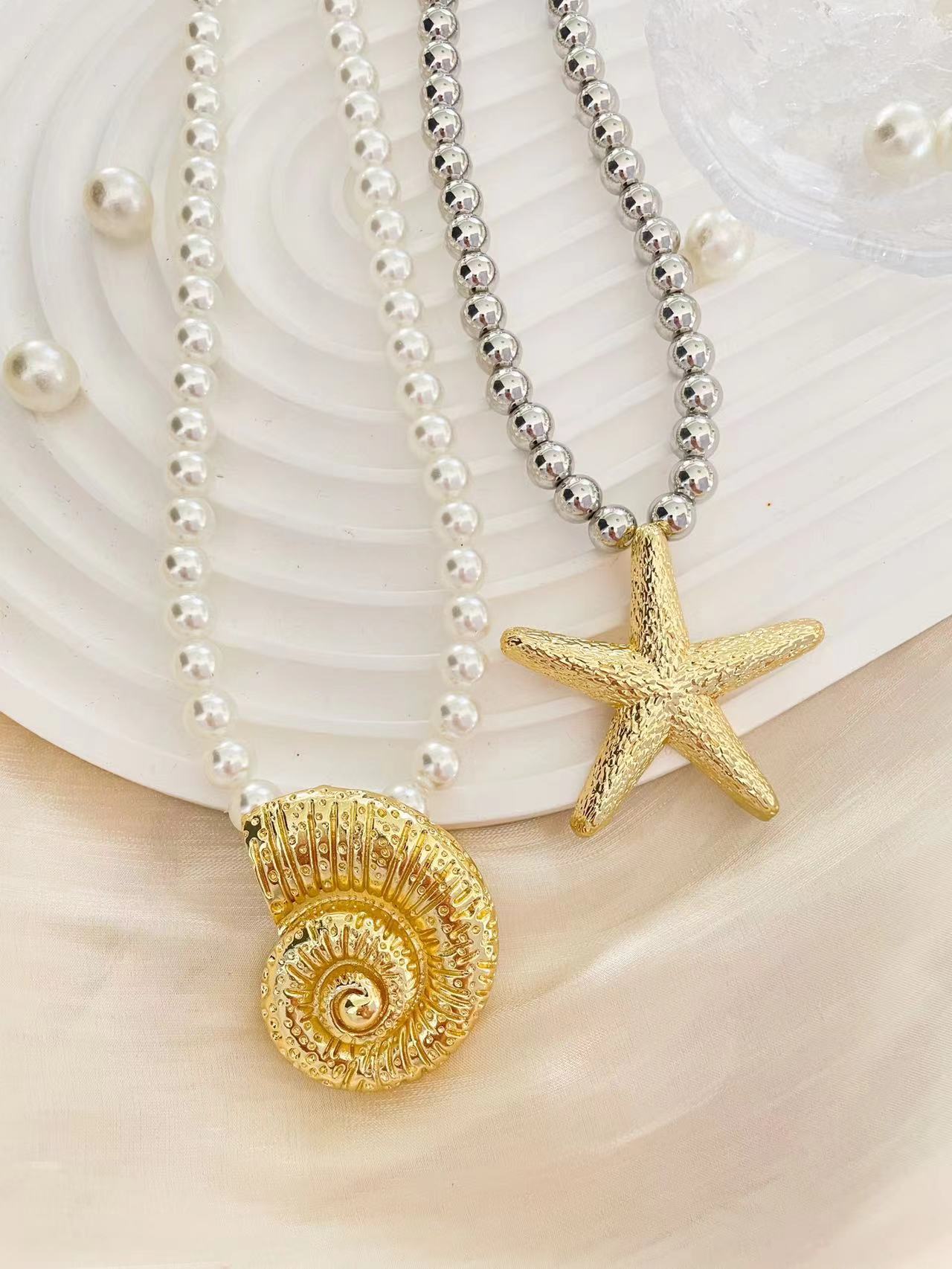 Marine Style Simple Style Starfish Conch Imitation Pearl Alloy  Pendant Necklace