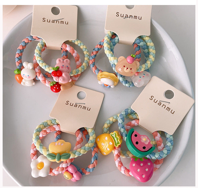 kid's cartoon style animal fruit flower cloth resin contrast collar hair tie