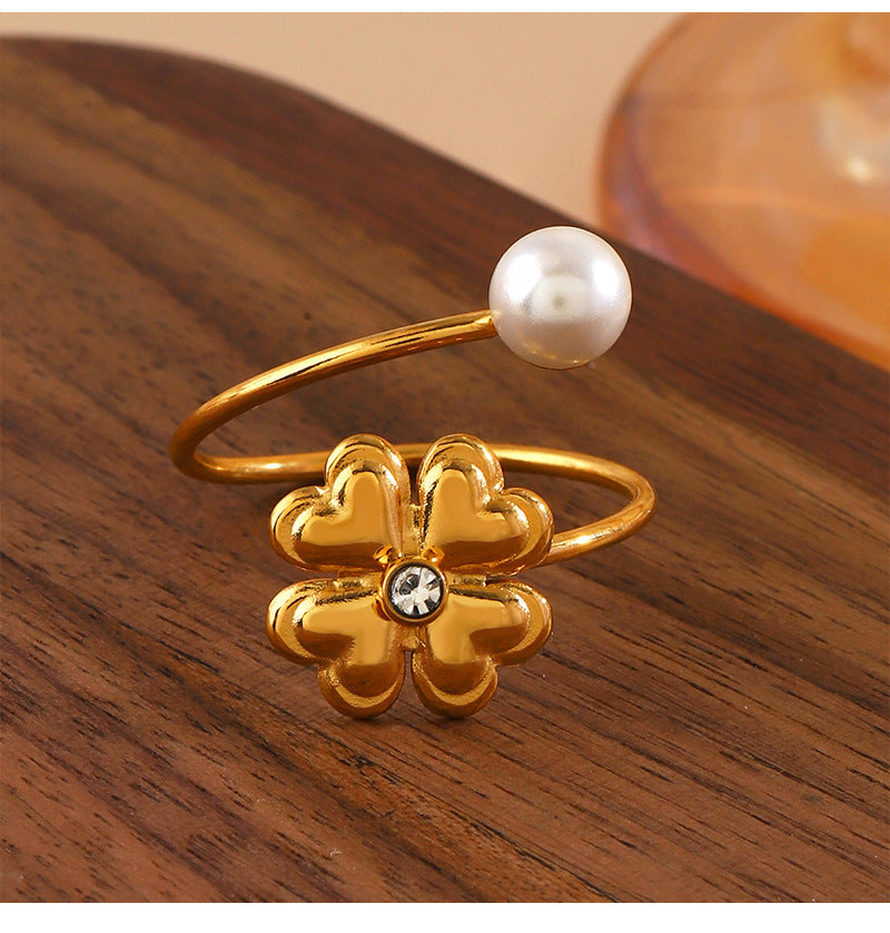 Jewelry IG Style Sweet Four Leaf Clover 304 Stainless Steel Pearl Zircon Inlay Open Rings