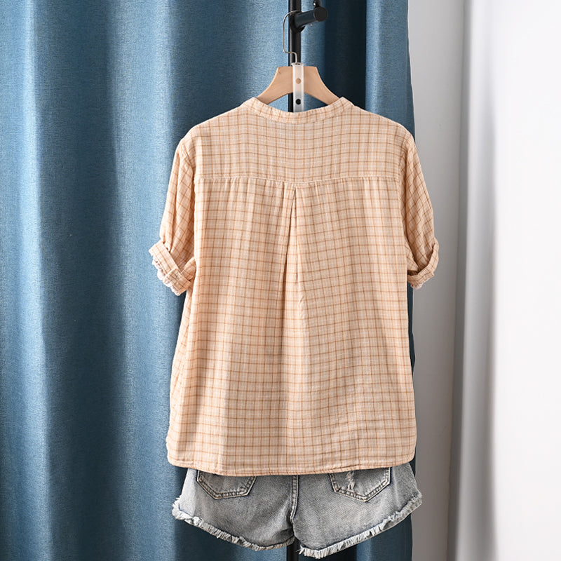 Women Summer Plaid Stand Collar 100%Cotton Shirt