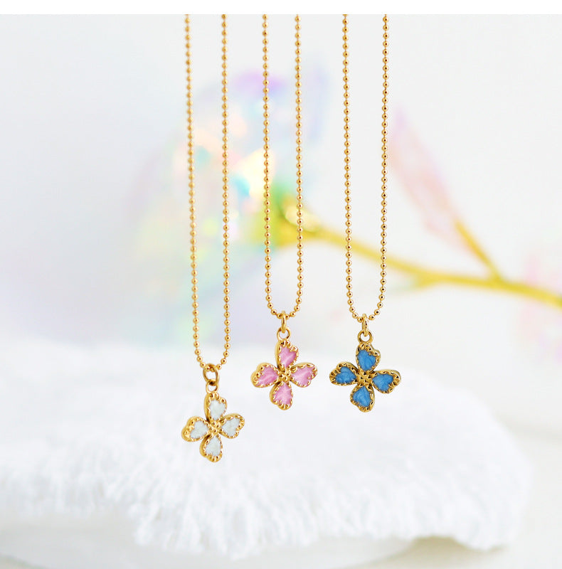 Jewelry Casual Retro French Style Leaf Flower Titanium Steel Enamel Pendant Necklace