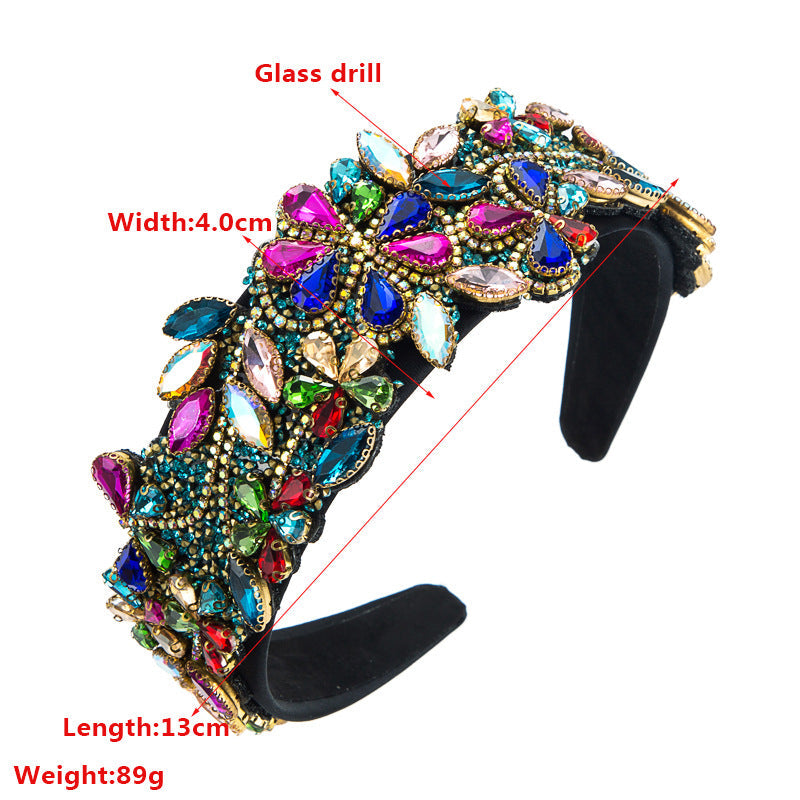 fashion new exaggerated colorful glass drill flower headband retro baroque accessories