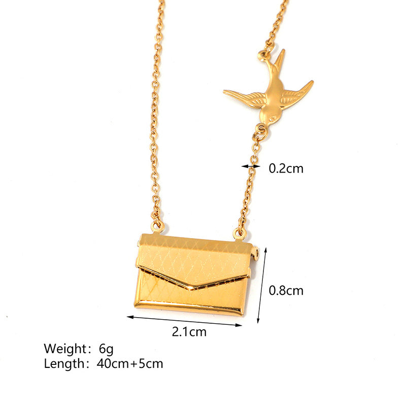Jewelry IG Style envelope Heart Shape Titanium Steel Zircon Gold Plated Inlay Pendant Necklace