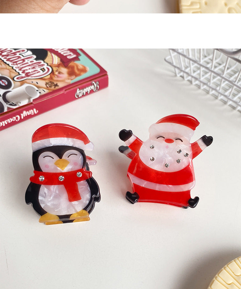 Christmas Cute Women's Penguin Santa Claus Arylic Inlay Rhinestones Hair Claws