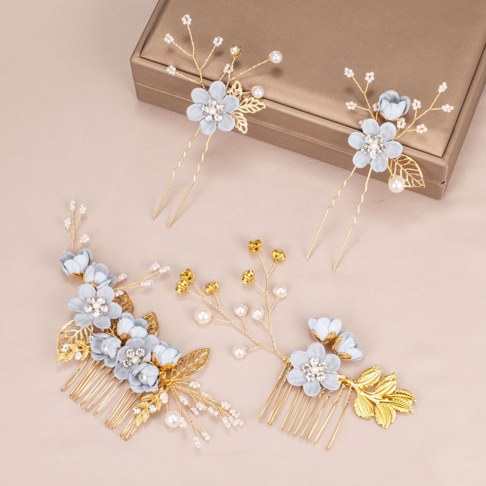 Women's IG Style Sweet Flower Cloth Metal Handmade Pearl Inlay Rhinestones Insert comb