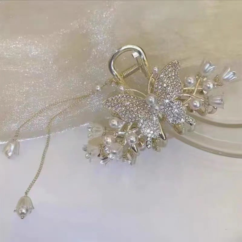 elegant fashion tassel butterfly alloy butterfly artificial gemstones artificial pearls hair clip