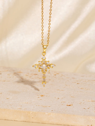 Copper Plating Cross Zircon Pendant Necklace