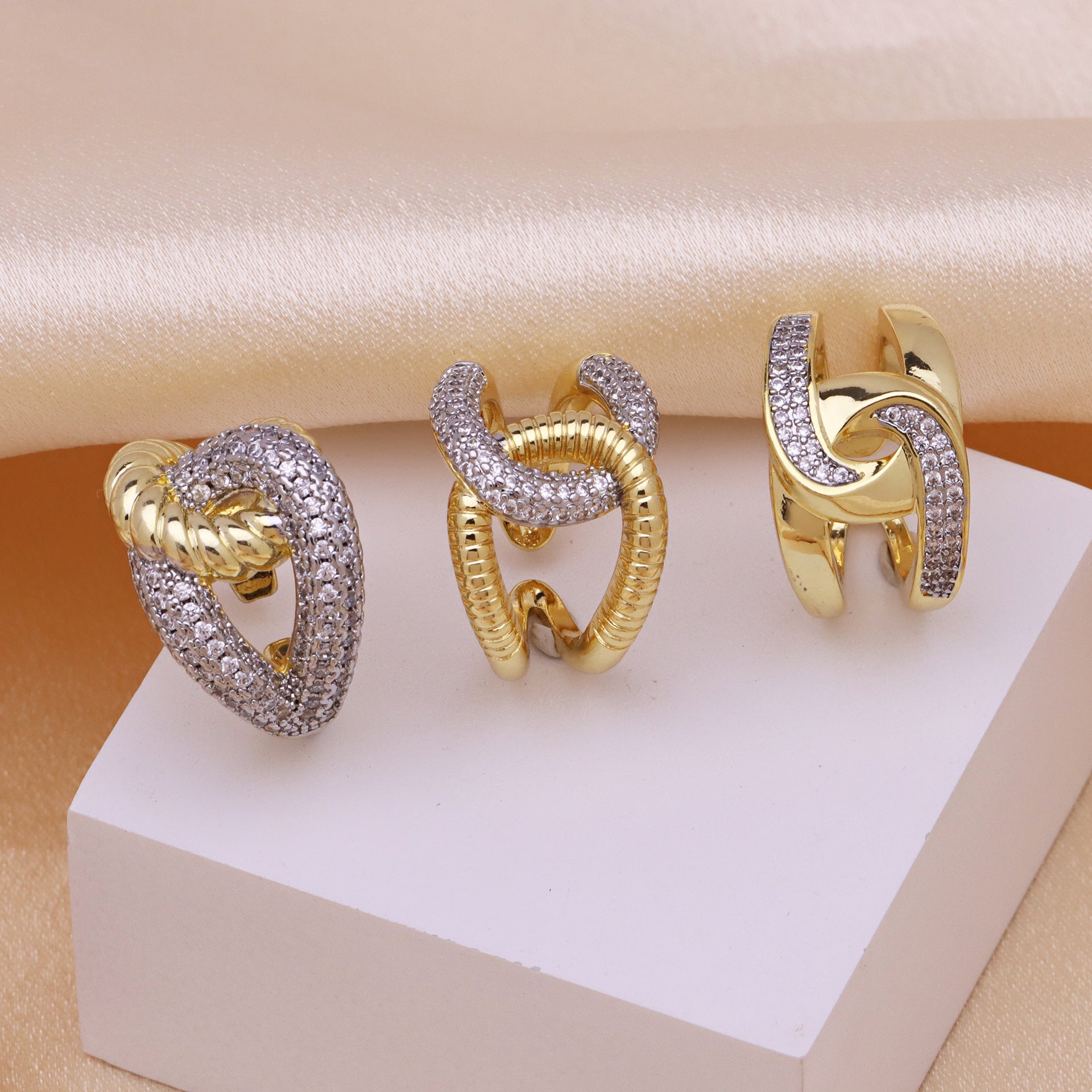 Jewelry IG Style Geometric Copper Zircon 18K Gold Plated Mixed Metal Inlay Open Rings